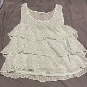 Teal/light green tank top with polka dots and ruffles